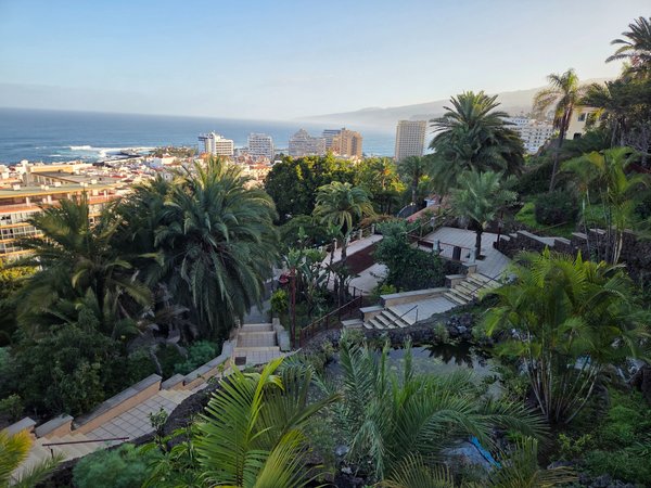Escaleras y caminos en terrazas del Parque Taoro, rodeados de palmeras y vegetación tropical, con vistas panorámicas a Puerto de la Cruz y el océano Atlántico.